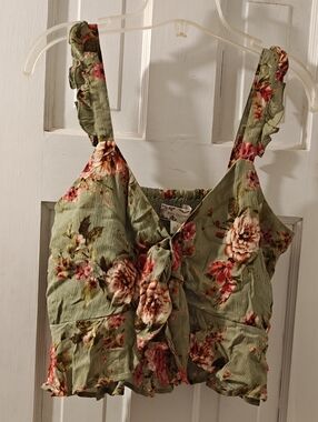 Floral Tie-Front Tank Top in Sage Green by BOG Collective, Medium